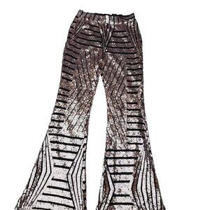 Rose Gold & Black Sequins Mesh Flare Retro Style Disco Party Lined Pants Sz L